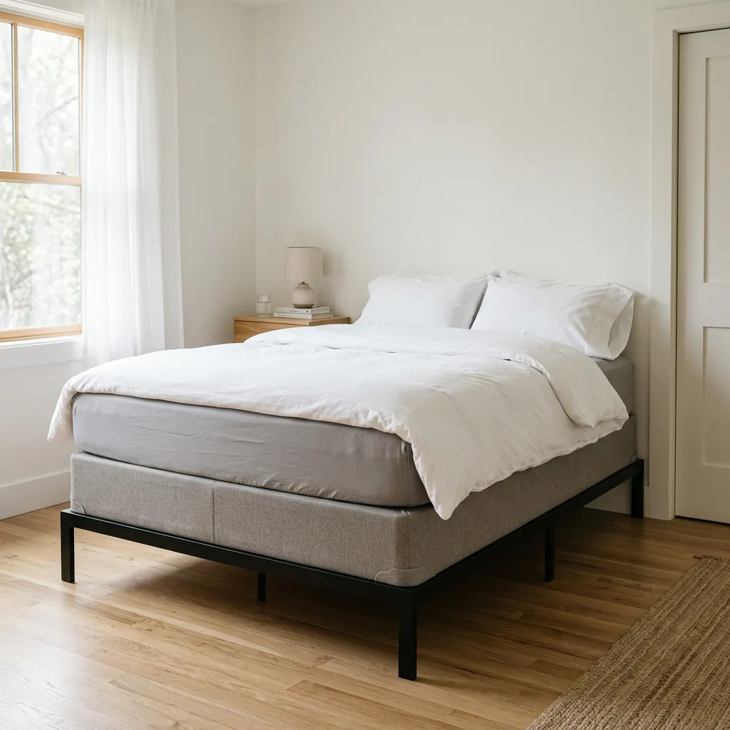 Box spring mattress foundation on a bed frame in a bright furnished rental bedroom