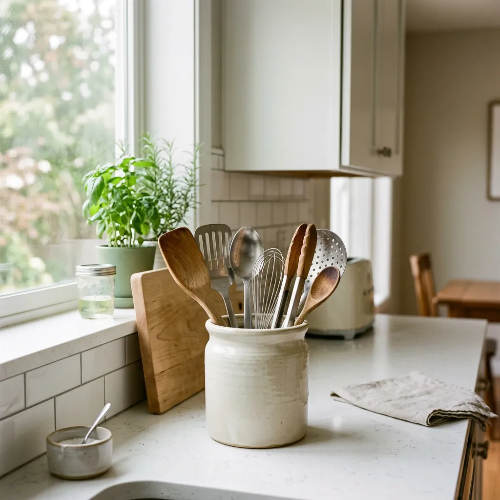 Cooking utensils in a utensil holder on a kitchen counter in a bright, furnished kitchen