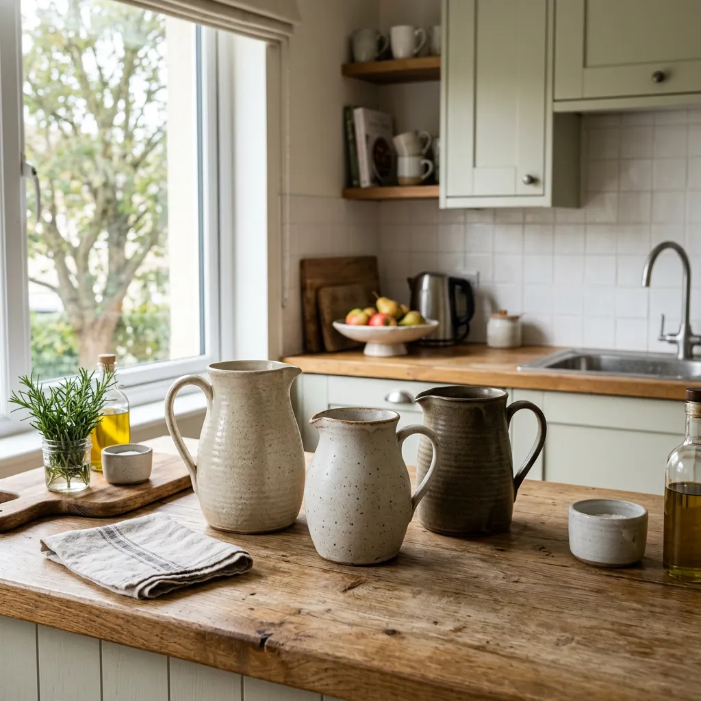 Ceramic jugs styled on a kitchen counter