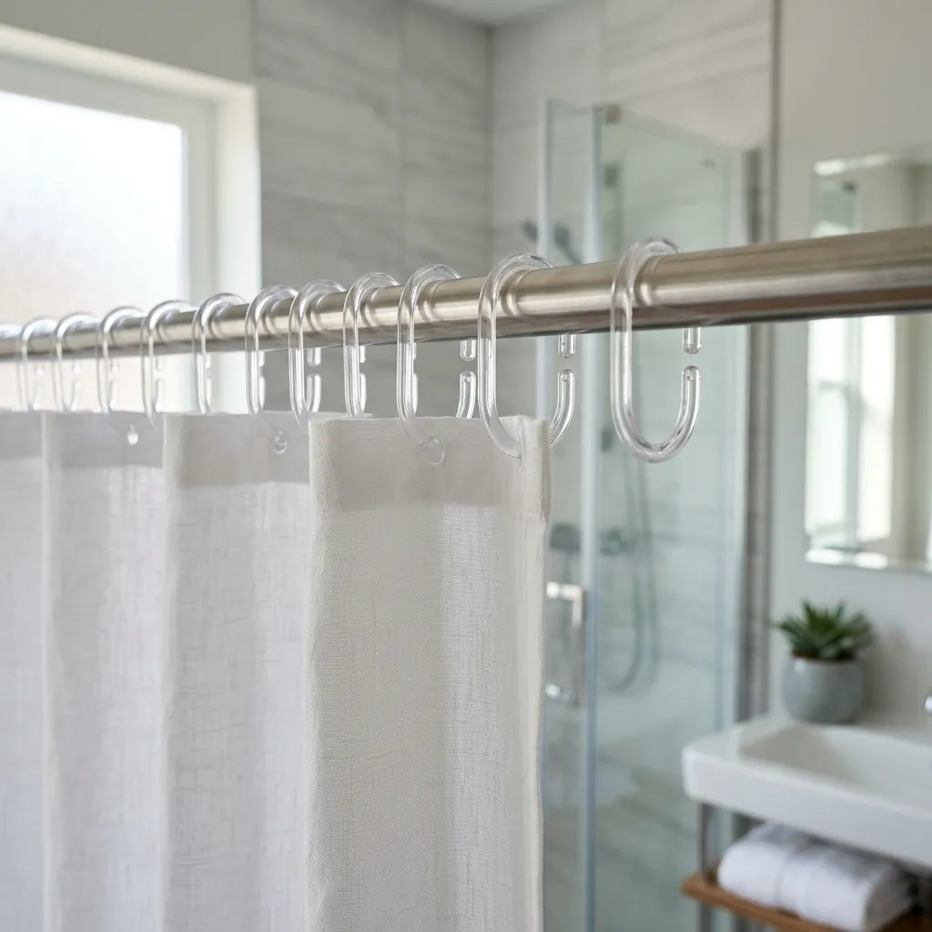 Shower curtain hooks on a shower rod in a bright, furnished rental bathroom