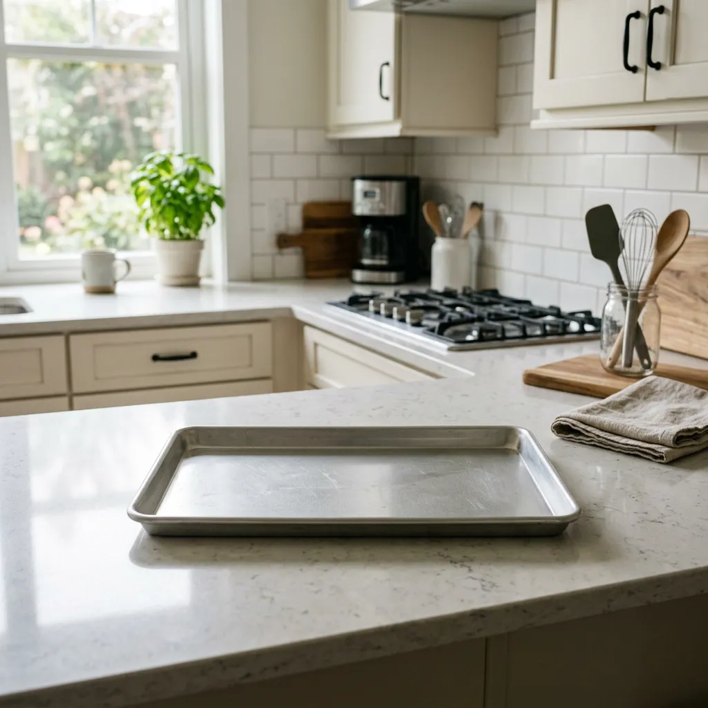 Baking sheet on a kitchen counter in a bright, furnished kitchen