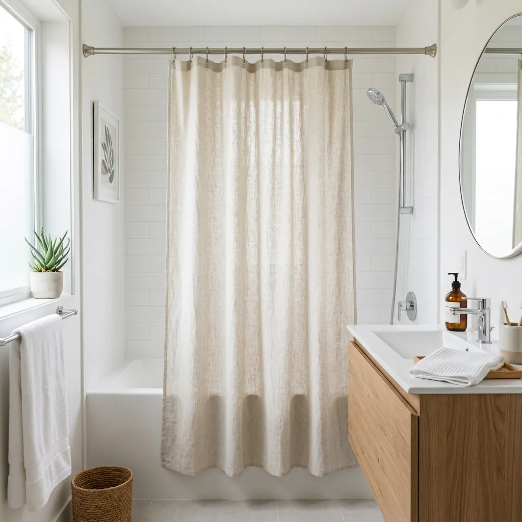 Shower curtain in a bright, furnished rental bathroom