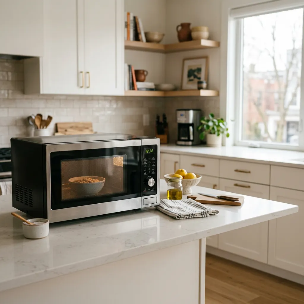 Microwave on a kitchen counter in a furnished rental