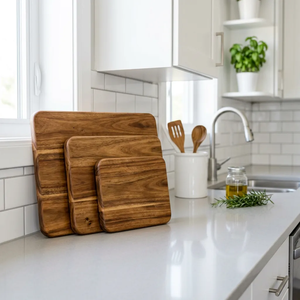Cutting boards on a kitchen counter in a furnished rental.