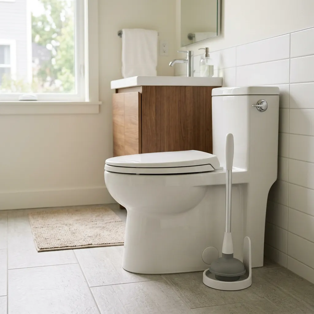 Toilet plunger in a bright furnished rental bathroom.