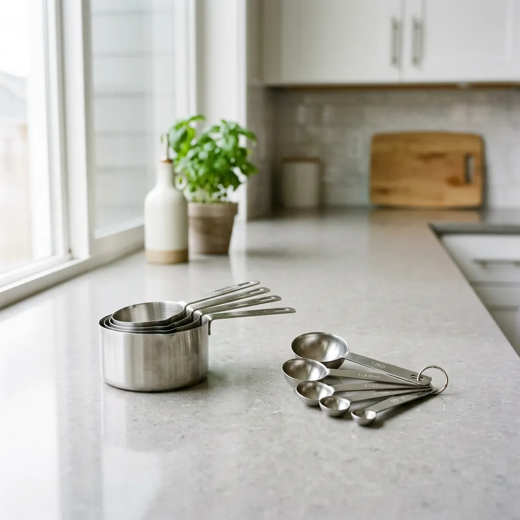 Measuring cups and spoons on a kitchen counter in a furnished rental