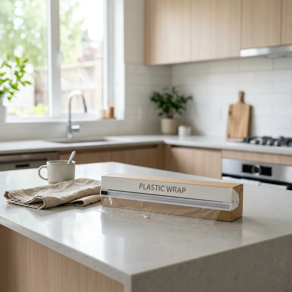 Plastic wrap dispenser on a kitchen counter in a furnished rental kitchen