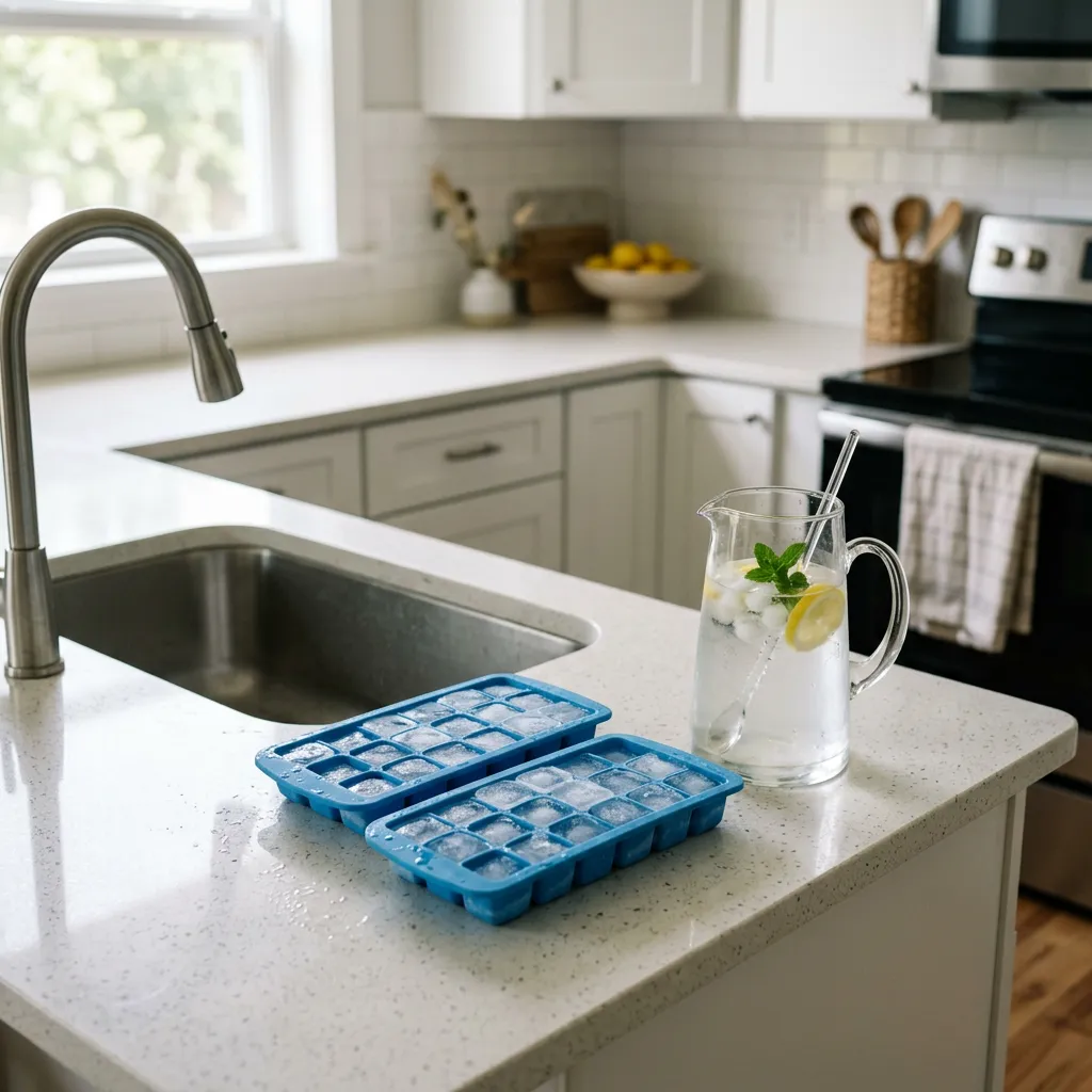 Ice cube trays on a kitchen counter in a furnished rental