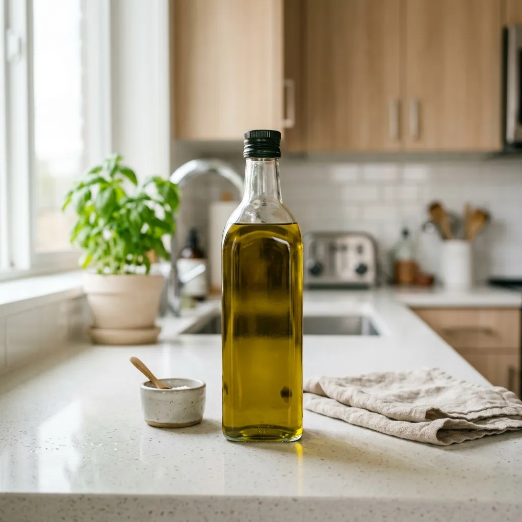 Olive oil bottle on a kitchen counter in a furnished rental