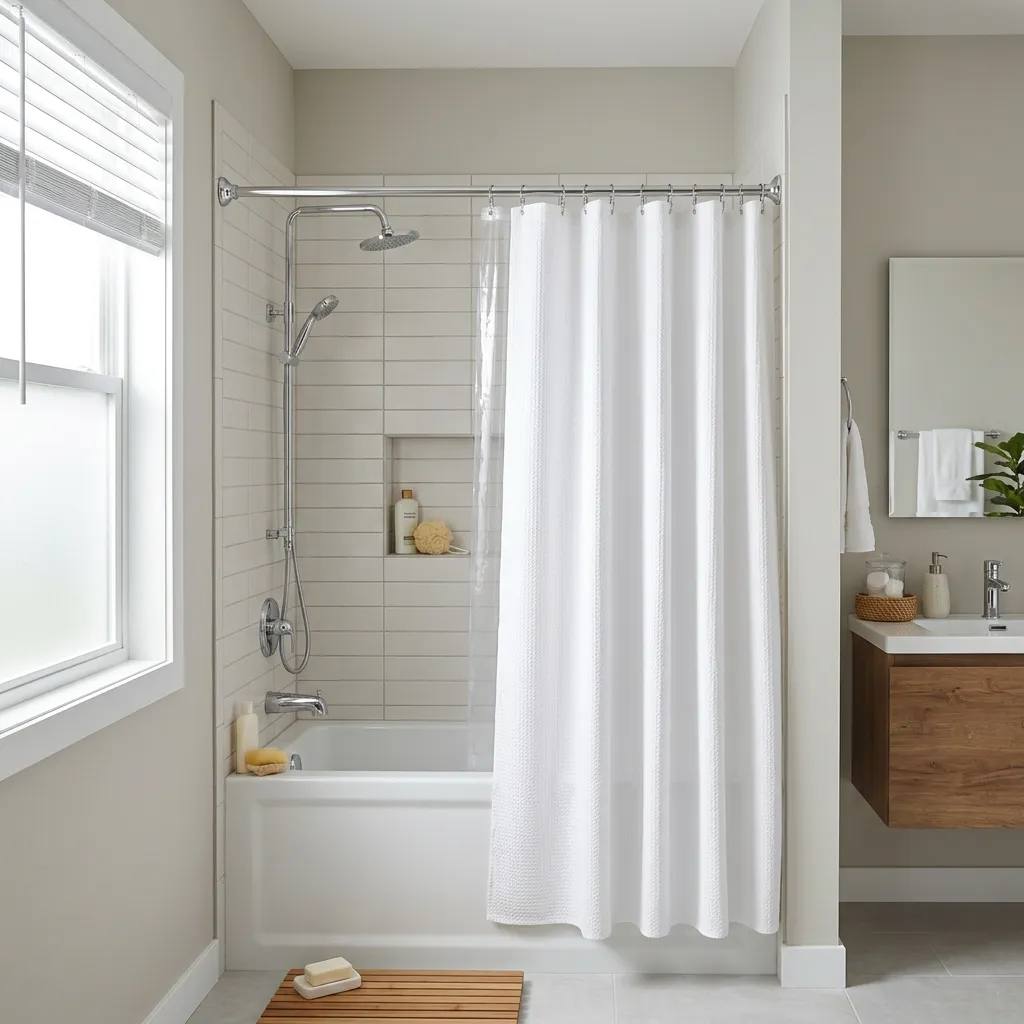Shower curtain rod in a bright, furnished rental bathroom