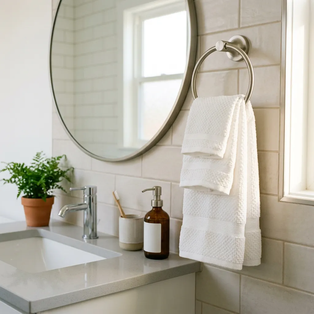 Hand towels by a bathroom sink in a furnished rental