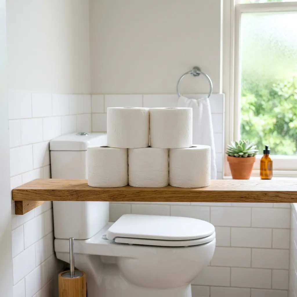 Toilet paper rolls in a furnished rental bathroom