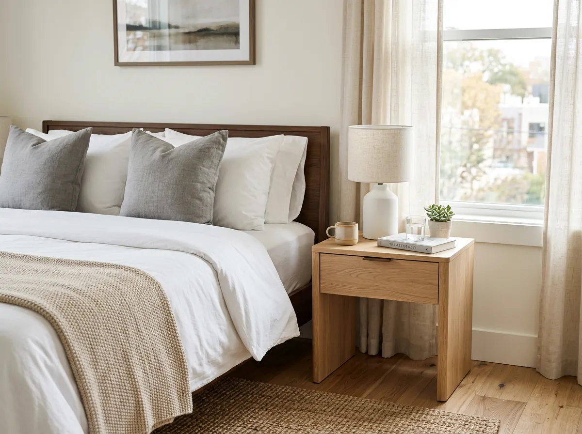 Nightstand in a bright, furnished rental bedroom