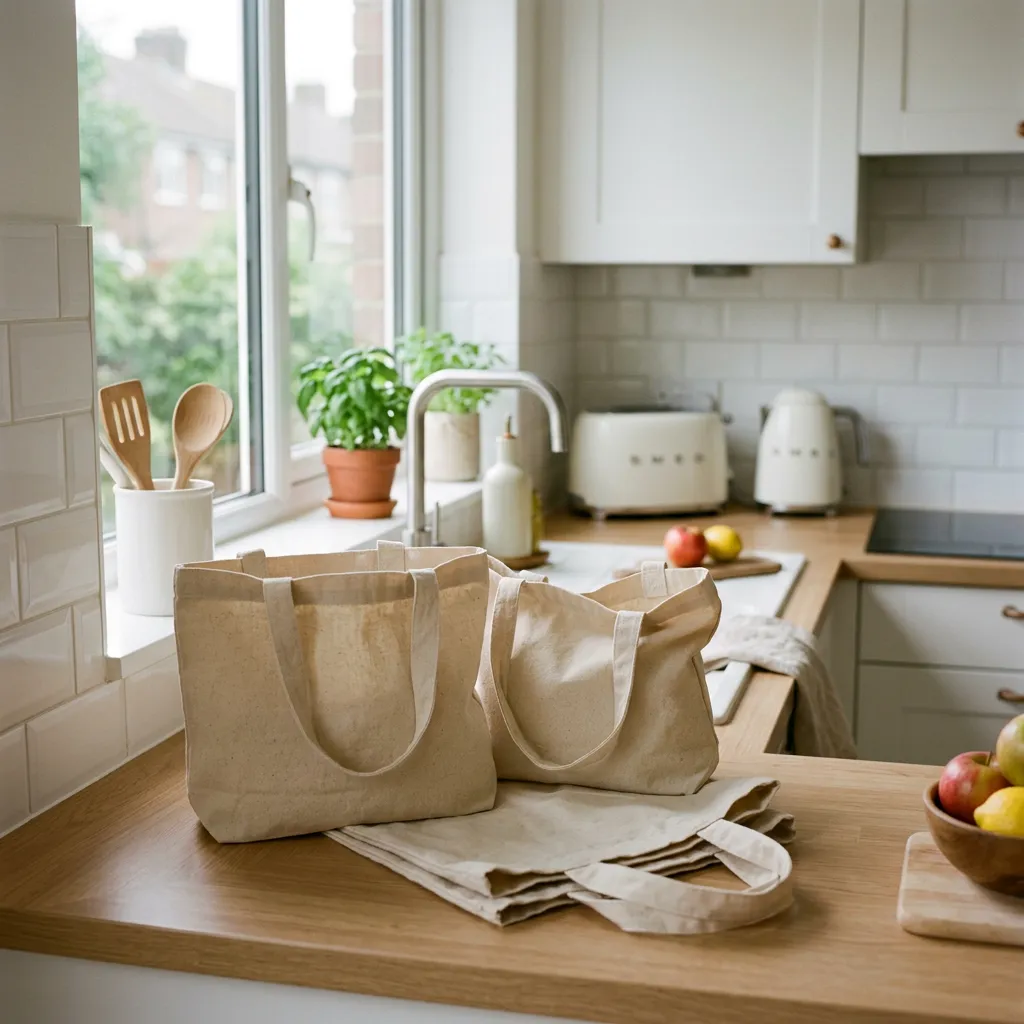 Reusable grocery bags on a kitchen counter in a furnished rental