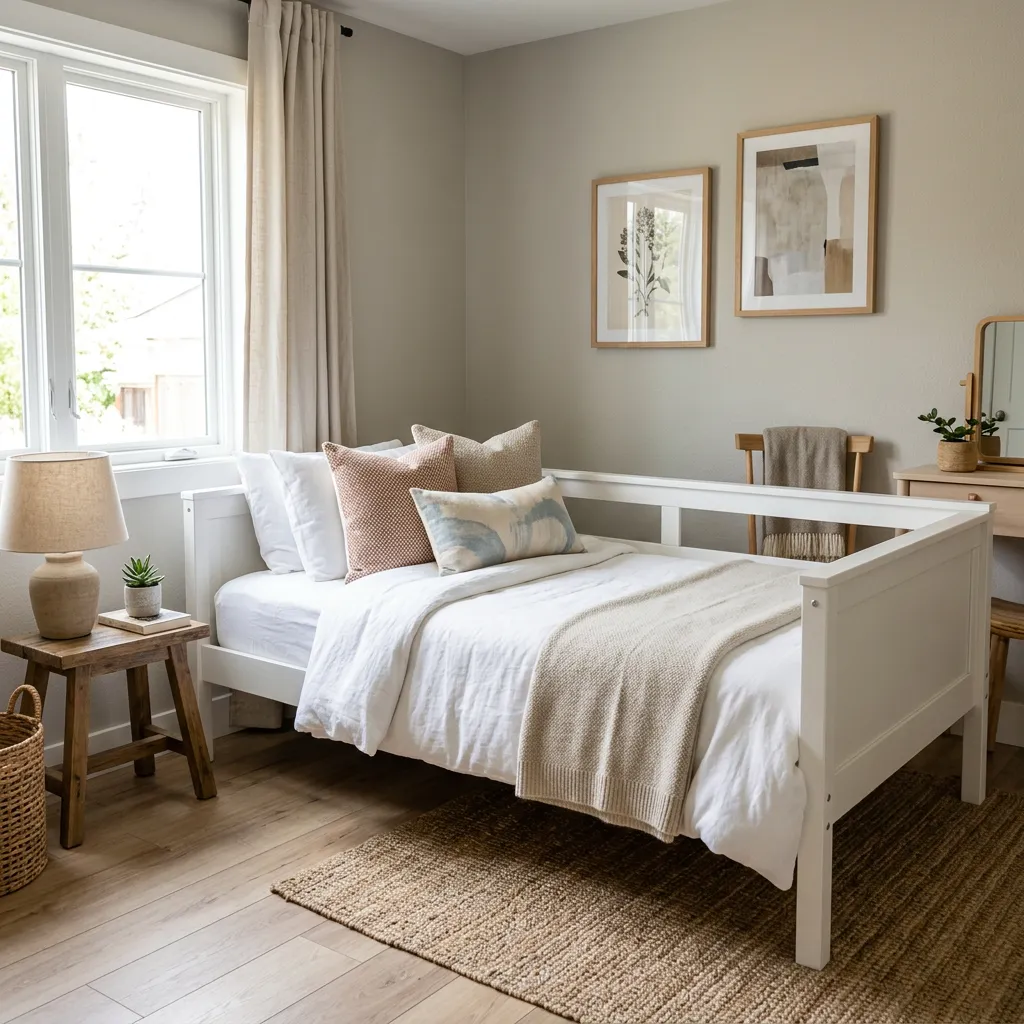 Twin daybed in a cozy furnished rental guest room
