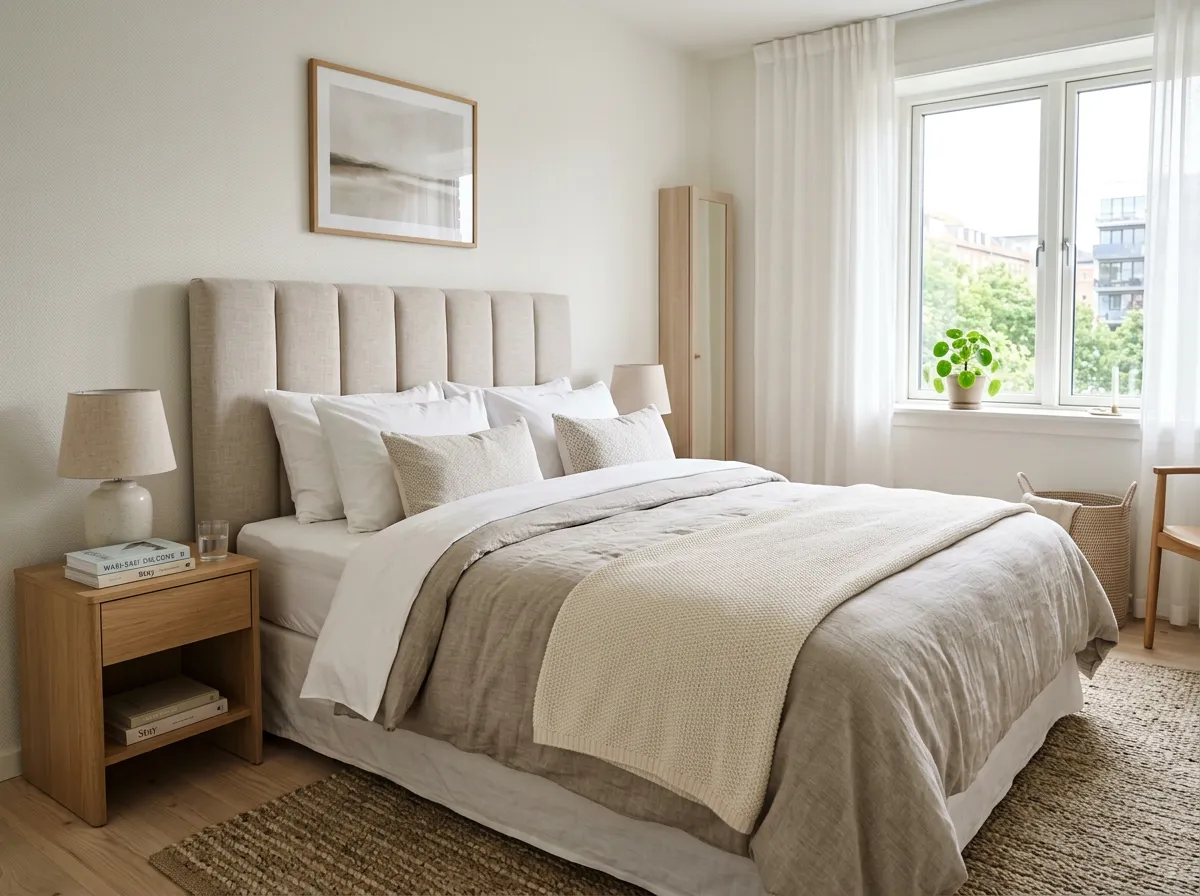 Headboard on a neatly made bed in a bright furnished rental bedroom