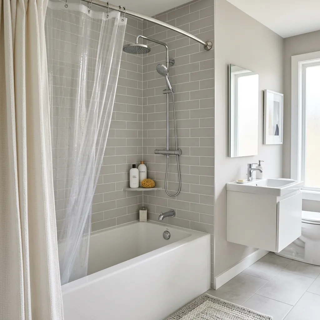 Shower curtain liner in a bright, furnished rental bathroom