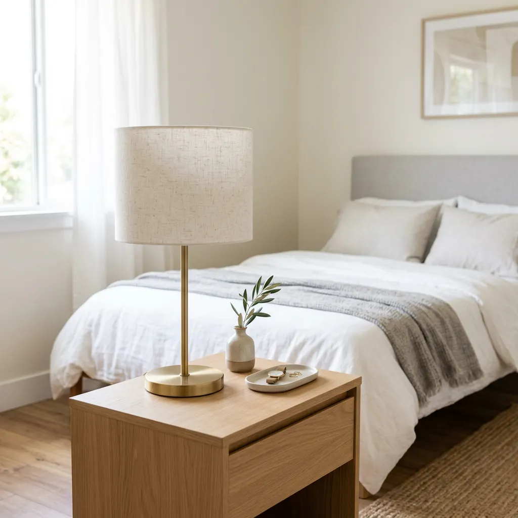 Modern bedside table lamp on a nightstand in a bright furnished rental bedroom