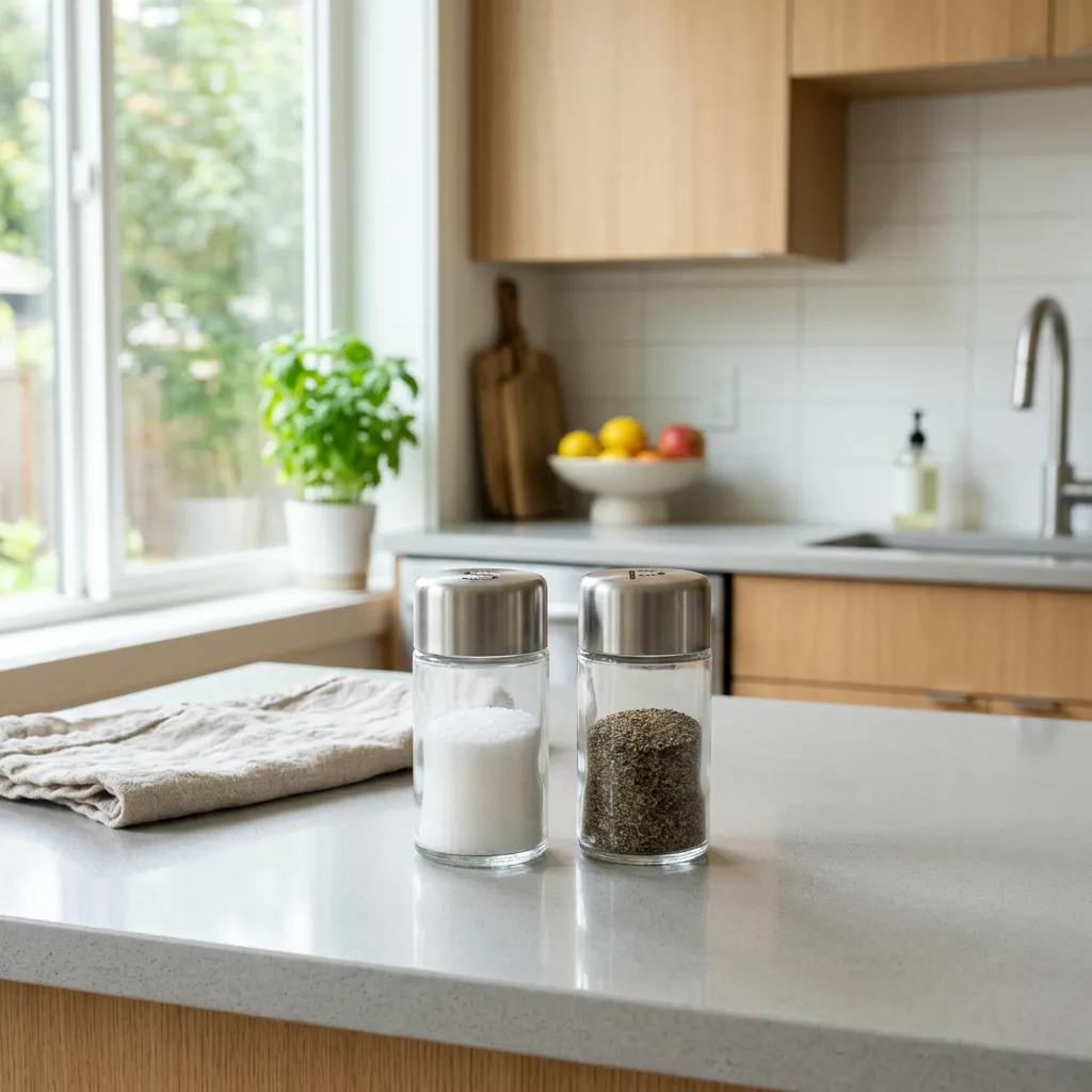 Salt and pepper shakers on a kitchen counter in a furnished rental