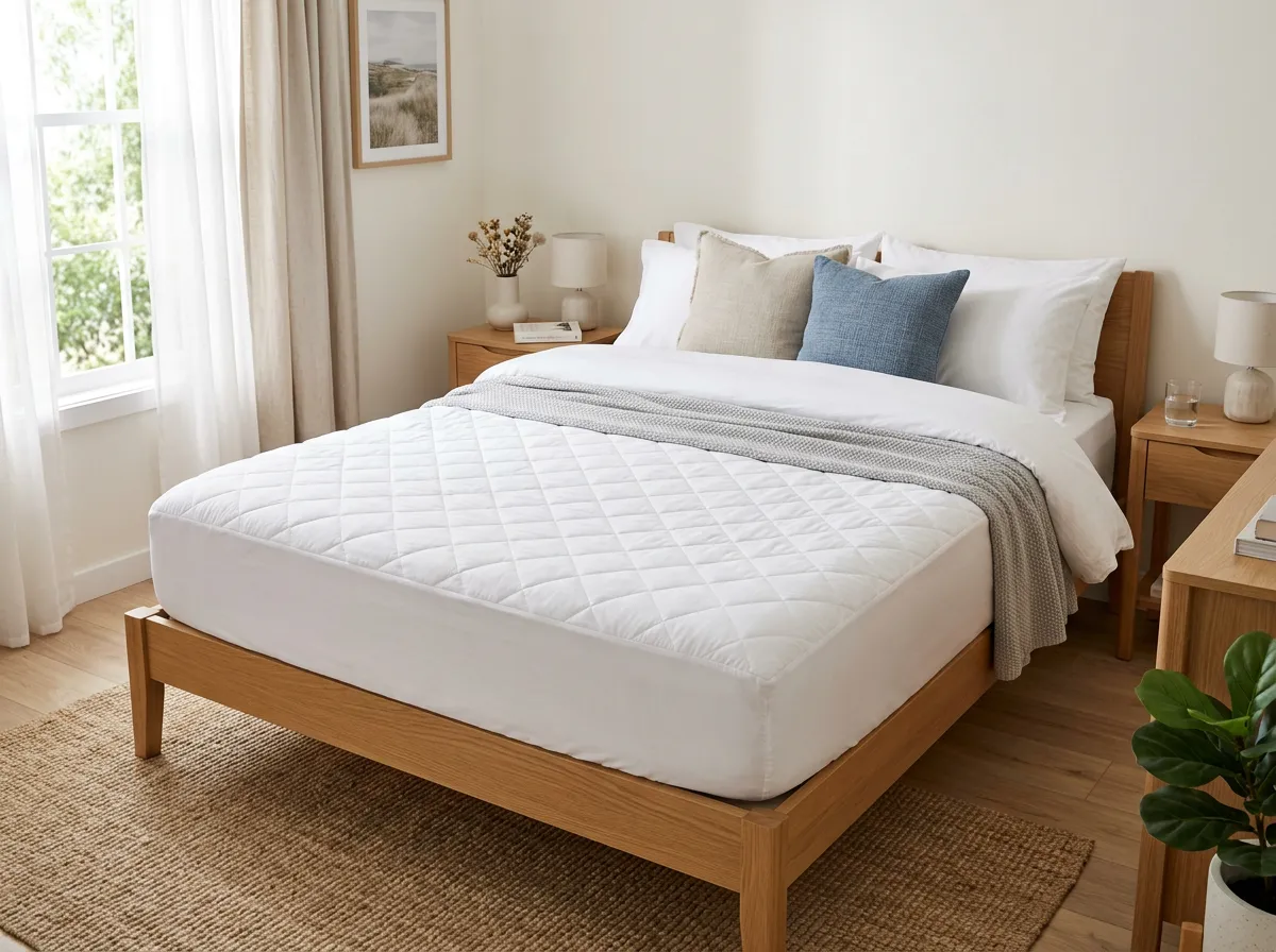 Mattress protector on a neatly made bed in a bright, furnished rental bedroom
