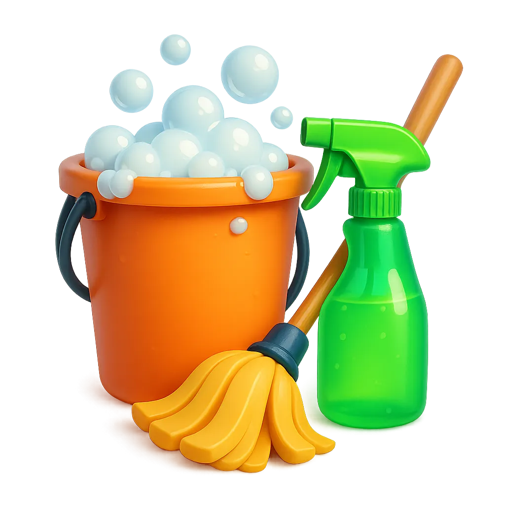 Friendly cleaning bucket with bubbles and mop