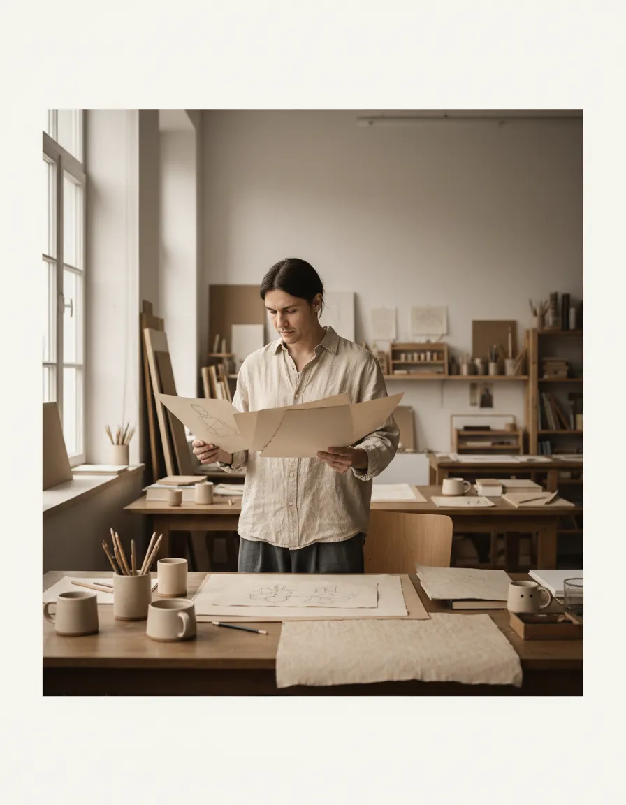 Entsättigtes Portrait eines Künstlers im Atelier