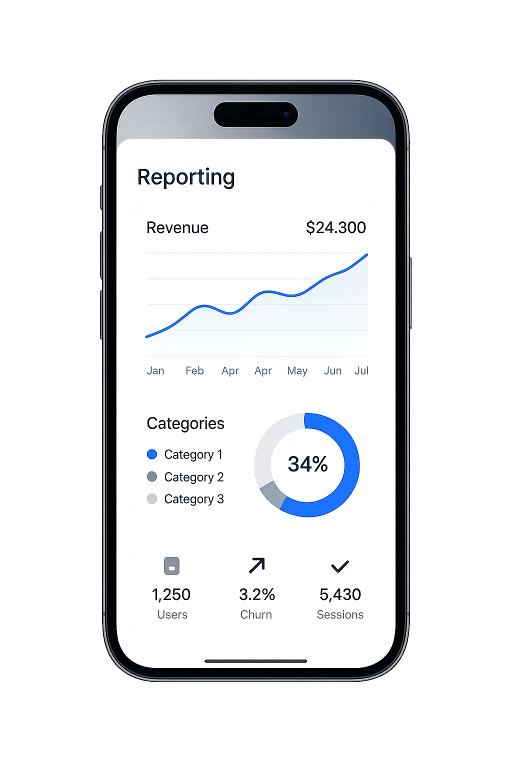 Floating high-fidelity mobile mockup of the reporting suite