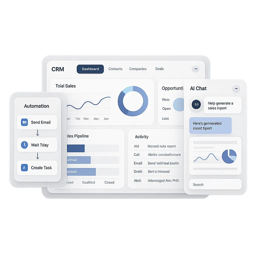 Layered Hero Stack - Floating CRM Dashboard with AI Chat