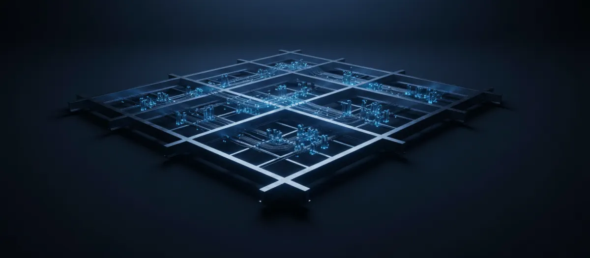 Cinematic architectural grid blueprint representing operational foundations