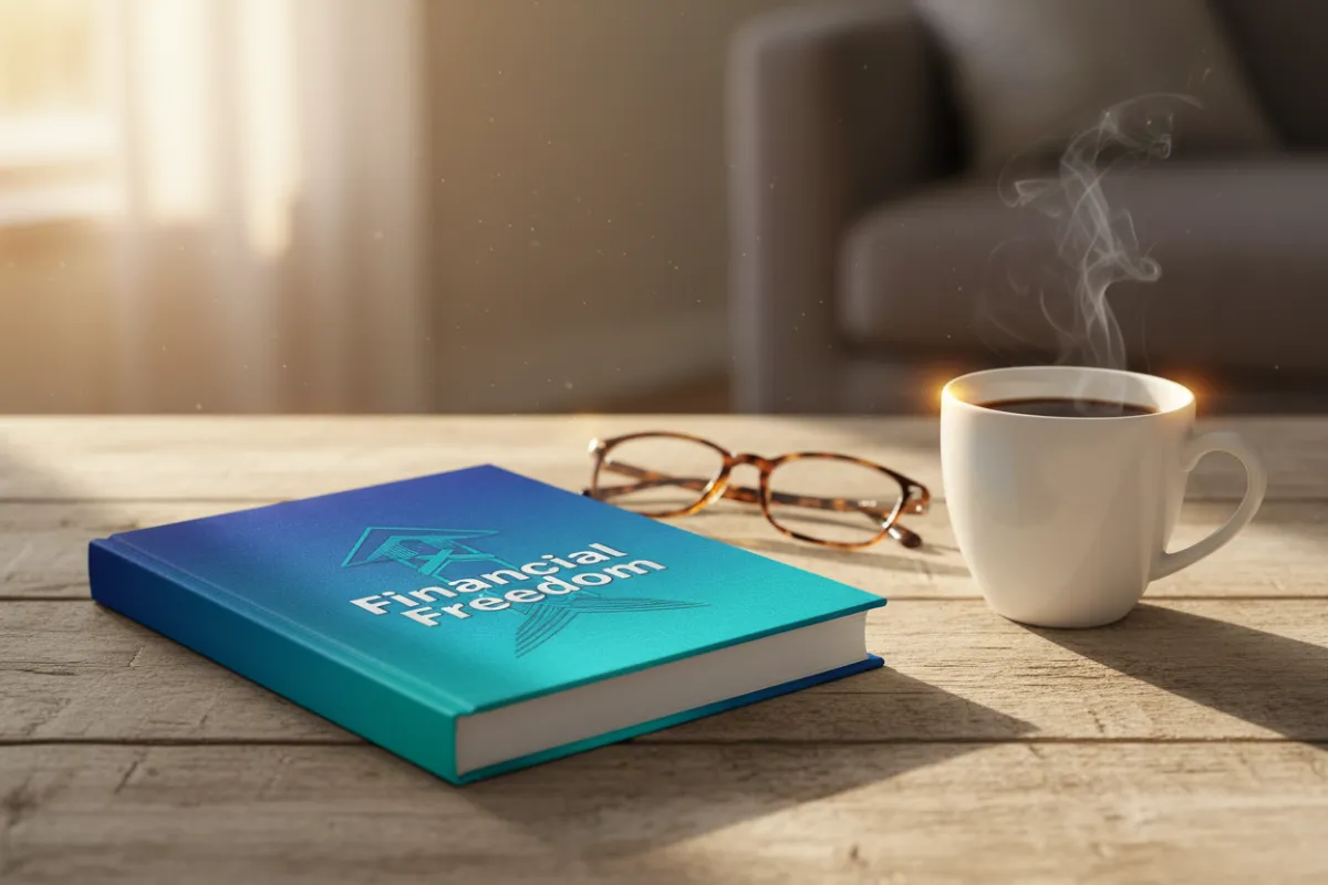 A hardcover ebook with a blue and teal cover titled 'Financial Freedom', resting on a wooden table beside reading glasses and a cup of coffee, morning light streaming in. 3:2 aspect ratio, crisp, inviting.