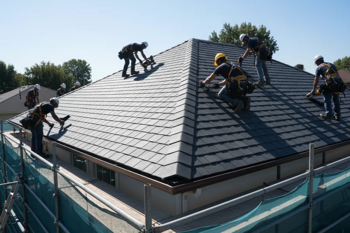 Residential roof replacement showing new asphalt shingles on a pitched roof, crew-safe setup with scaffolding visible at edge, bright midday sun, photorealistic style focusing on material installation quality and clean rooflines.