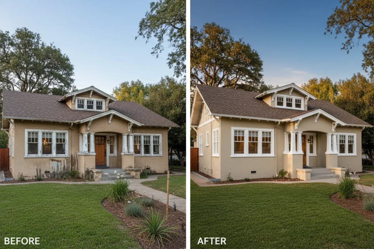Before-and-after exterior stucco renovation on a Craftsman-style home in Arcadia: freshly textured beige stucco, crisp white trim, subtle shadowing from late afternoon light, photorealistic wide perspective highlighting clean lines and color match.
