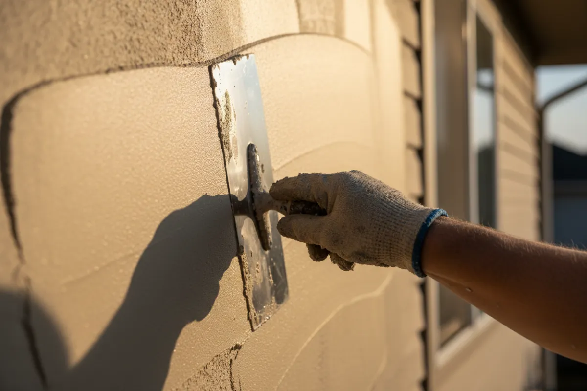 Close-up of skilled tradesman applying smooth stucco finish to an exterior wall with a stainless trowel, warm midday light, suburban home facade visible out of focus, photorealistic style emphasizing texture, craftsmanship and material quality.
