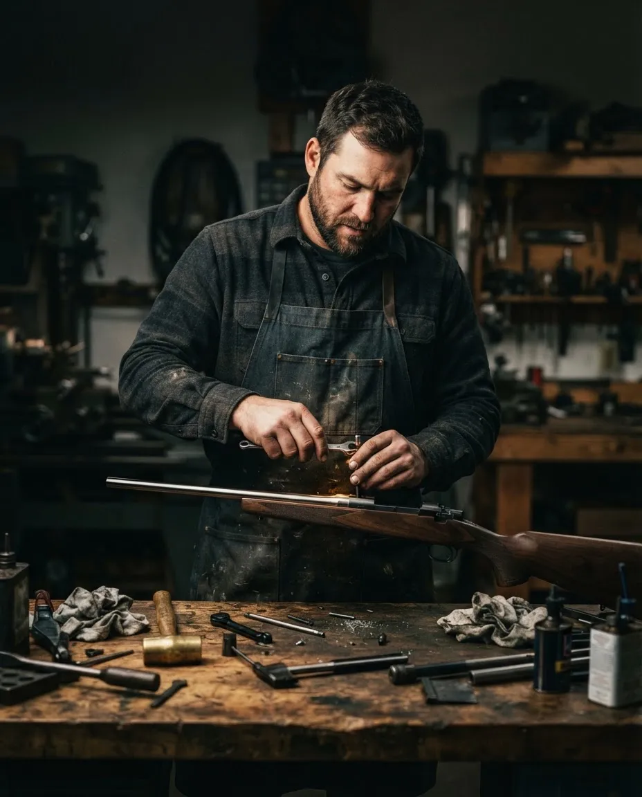 Colton Bresee precision fitting a custom barrel assembly inside the Coastal Arms Co workshop in Winnie Texas