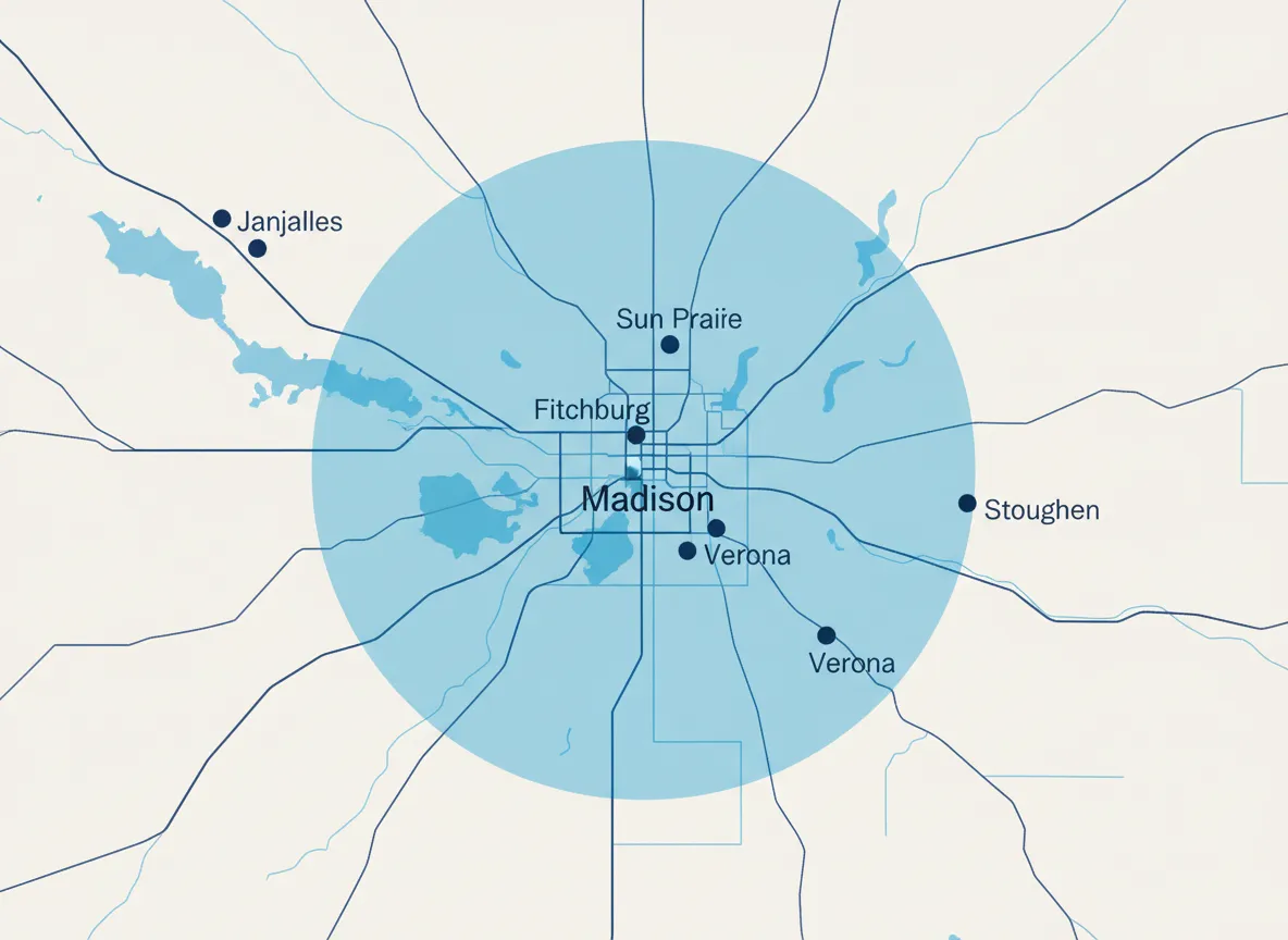 Service area map centered on Madison, WI with a 50-mile radius highlighted