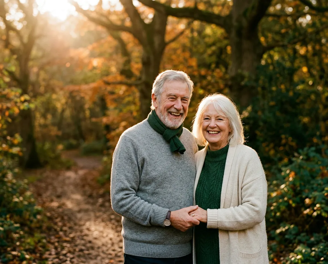 Loving senior couple smiling together outdoors in golden sunlight
