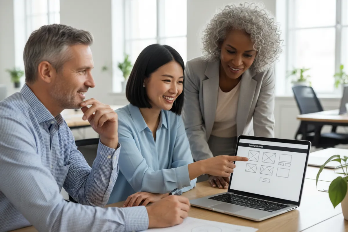 A business team photo showing three diverse professionals in a bright office, collaborating over a laptop with landing page wireframes visible. The group includes a young woman, a middle-aged man, and an older woman, all smiling and engaged in discussion.
