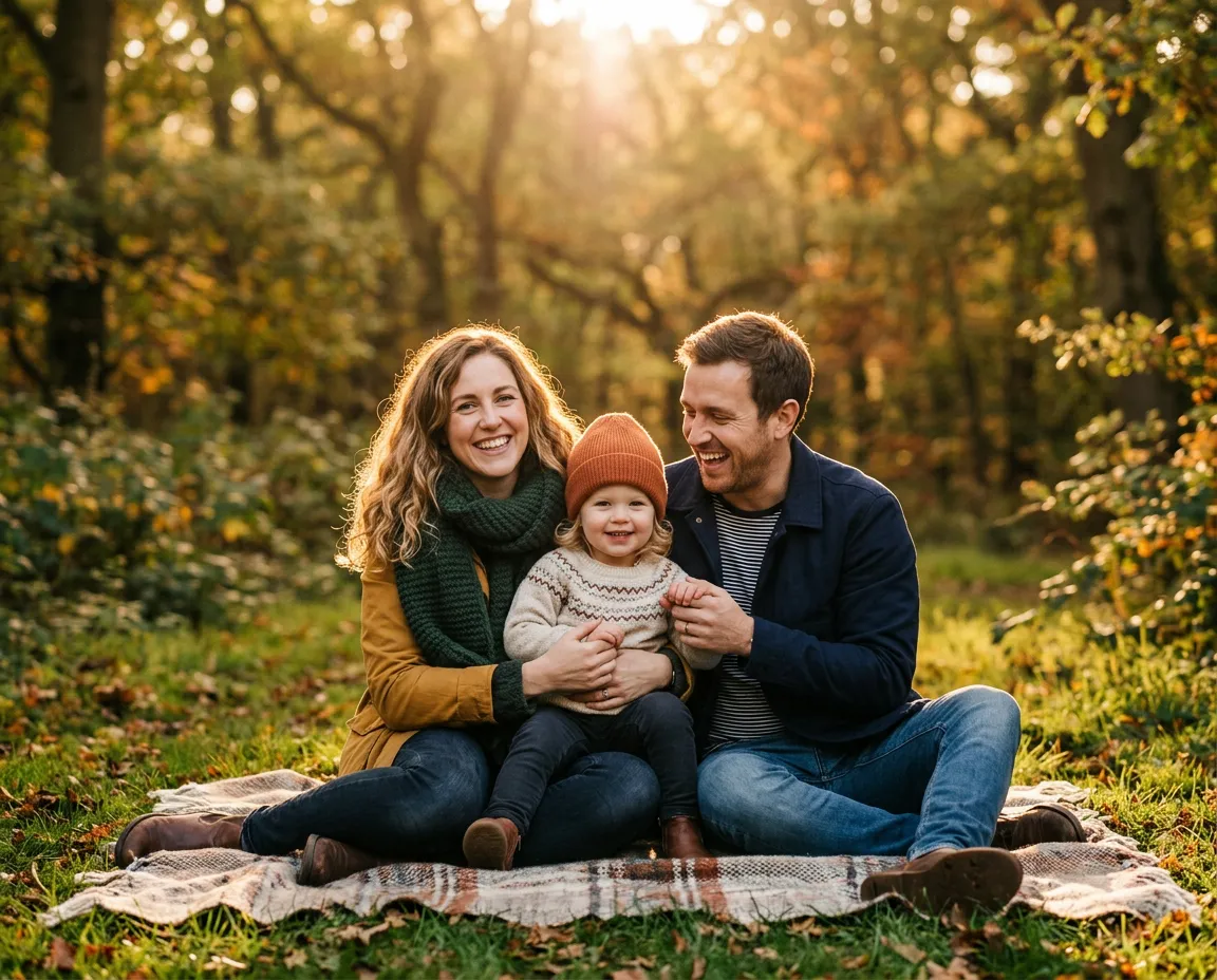 Warm lifestyle photo of a young family smiling outdoors together in golden sunlight