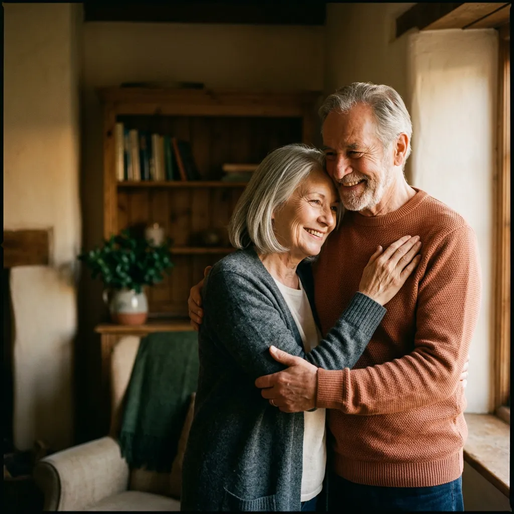 Warm candid lifestyle photo of a happy family embracing at home