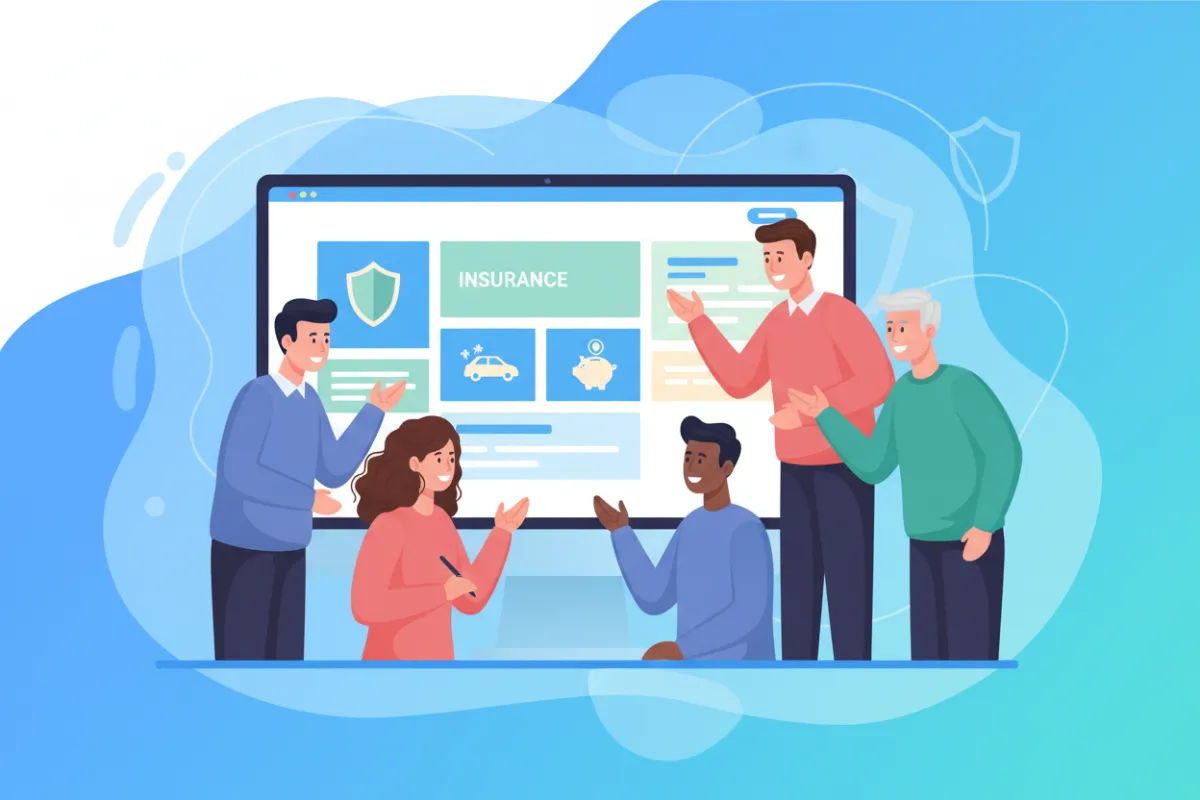 A vibrant digital illustration showing a diverse group of insurance agents gathered around a large computer screen displaying a modern landing page. The background features abstract blue gradients and subtle insurance-related icons, with agents of various ages and ethnicities actively discussing design elements.