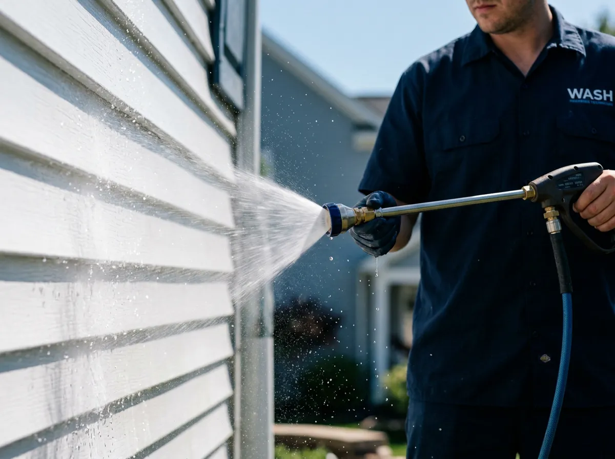 Soft-washing chemical application treating delicate residential vinyl siding without high pressure