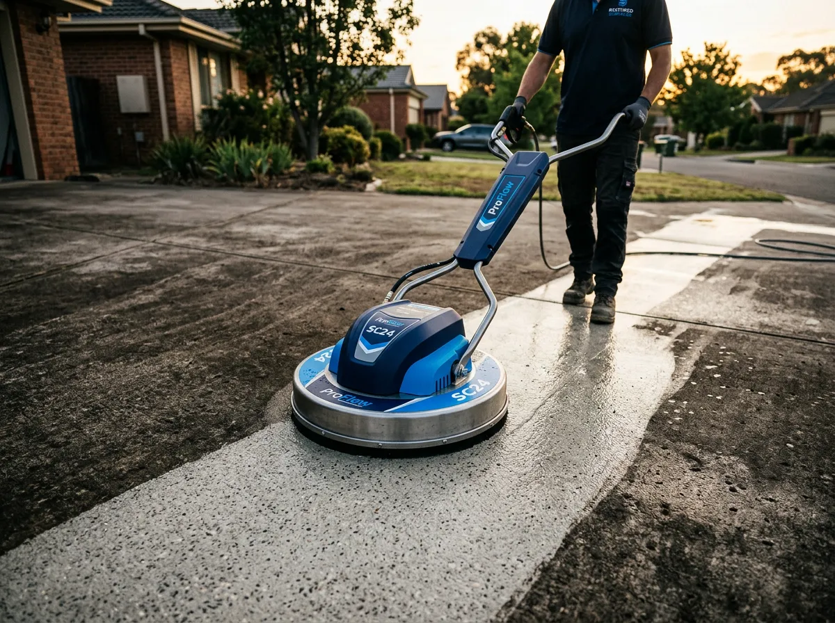 Commercial rotary surface cleaner scouring concrete driveway without striping marks