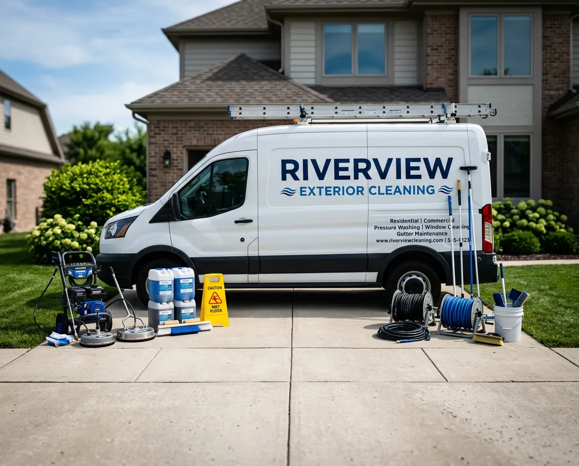 RiverView Property Maintenance pristine residential service van and professional equipment on a driveway
