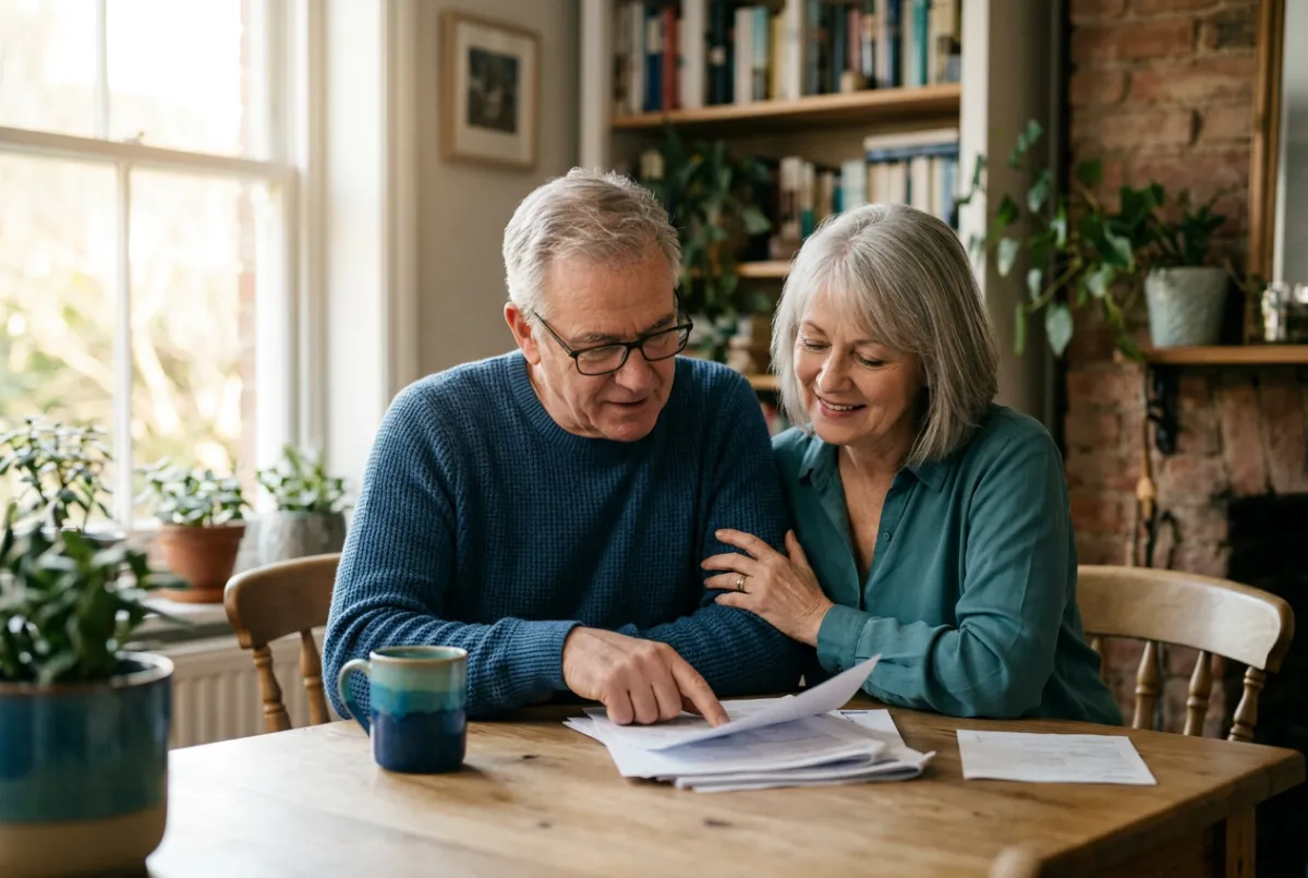 Mature couple smiling while reviewing Medicare documentation at home