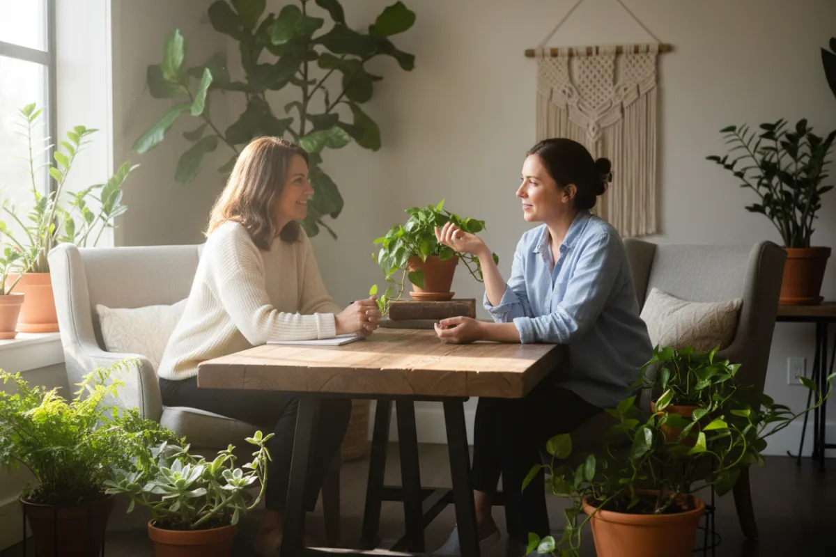 A serene consultation scene with a wellness coach and a participant seated across a rustic wooden table, both engaged in warm conversation, surrounded by potted plants and soft, natural window light, evoking trust and openness.