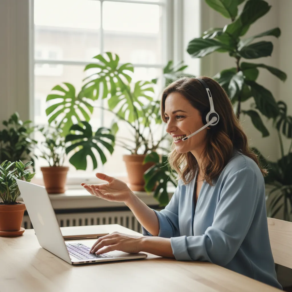 A friendly support team member, mid-30s, sitting at a desk with a laptop and headset, smiling warmly while assisting a client, with a background of leafy plants and soft daylight, conveying approachability and professionalism.