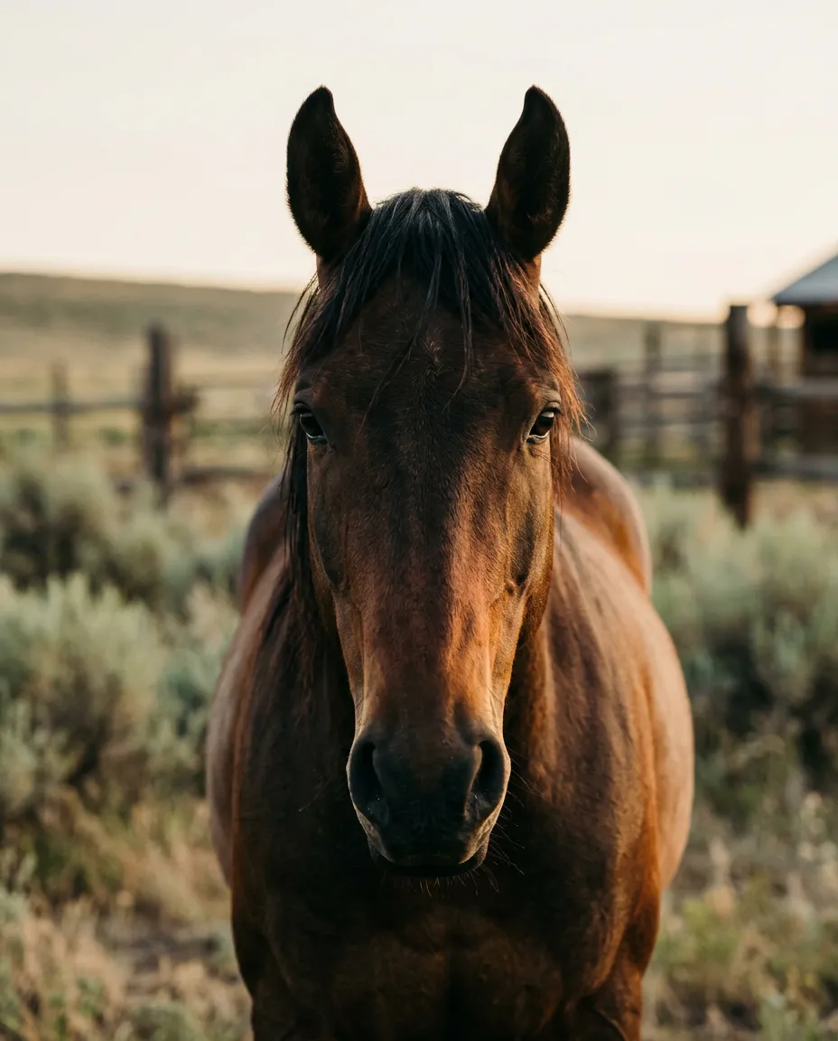Calm, powerful horse in golden hour ranch light looking directly ahead