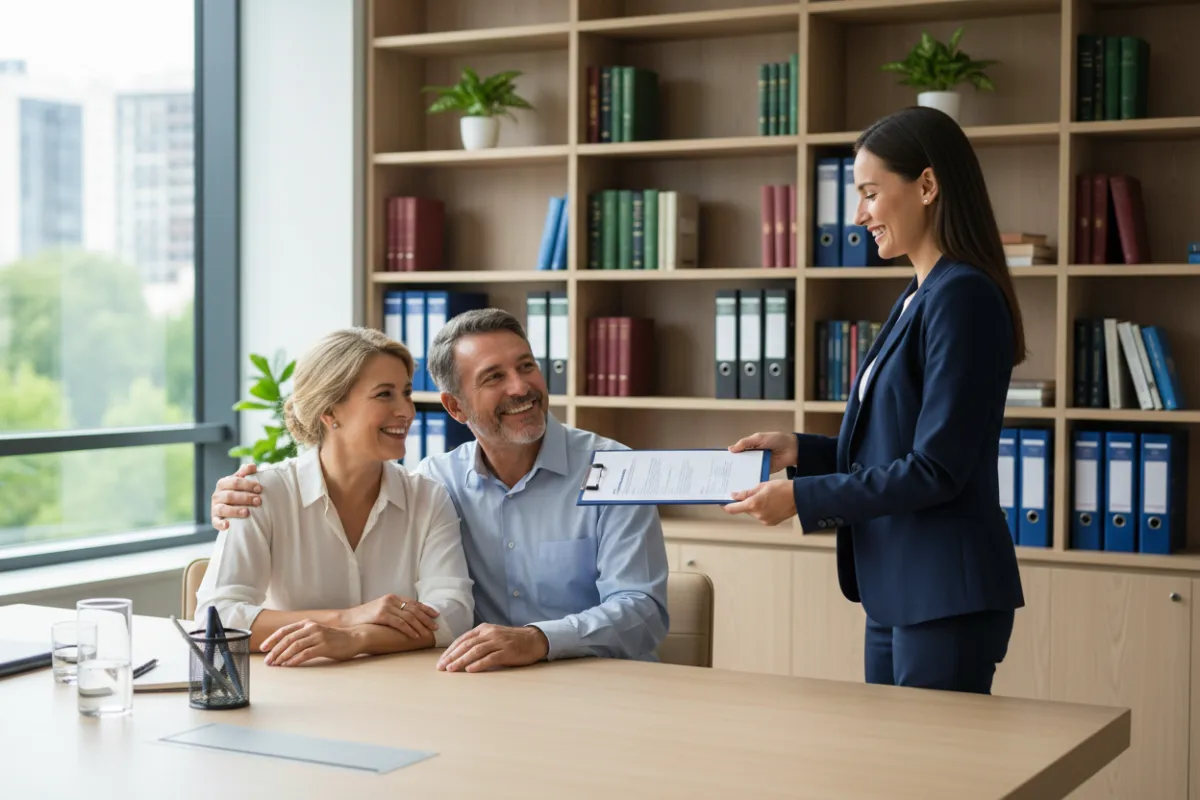 Professional legal advisor handing a completed Power of Attorney document to a smiling middle-aged couple in a bright office, bookshelf in background, 3:2 aspect ratio