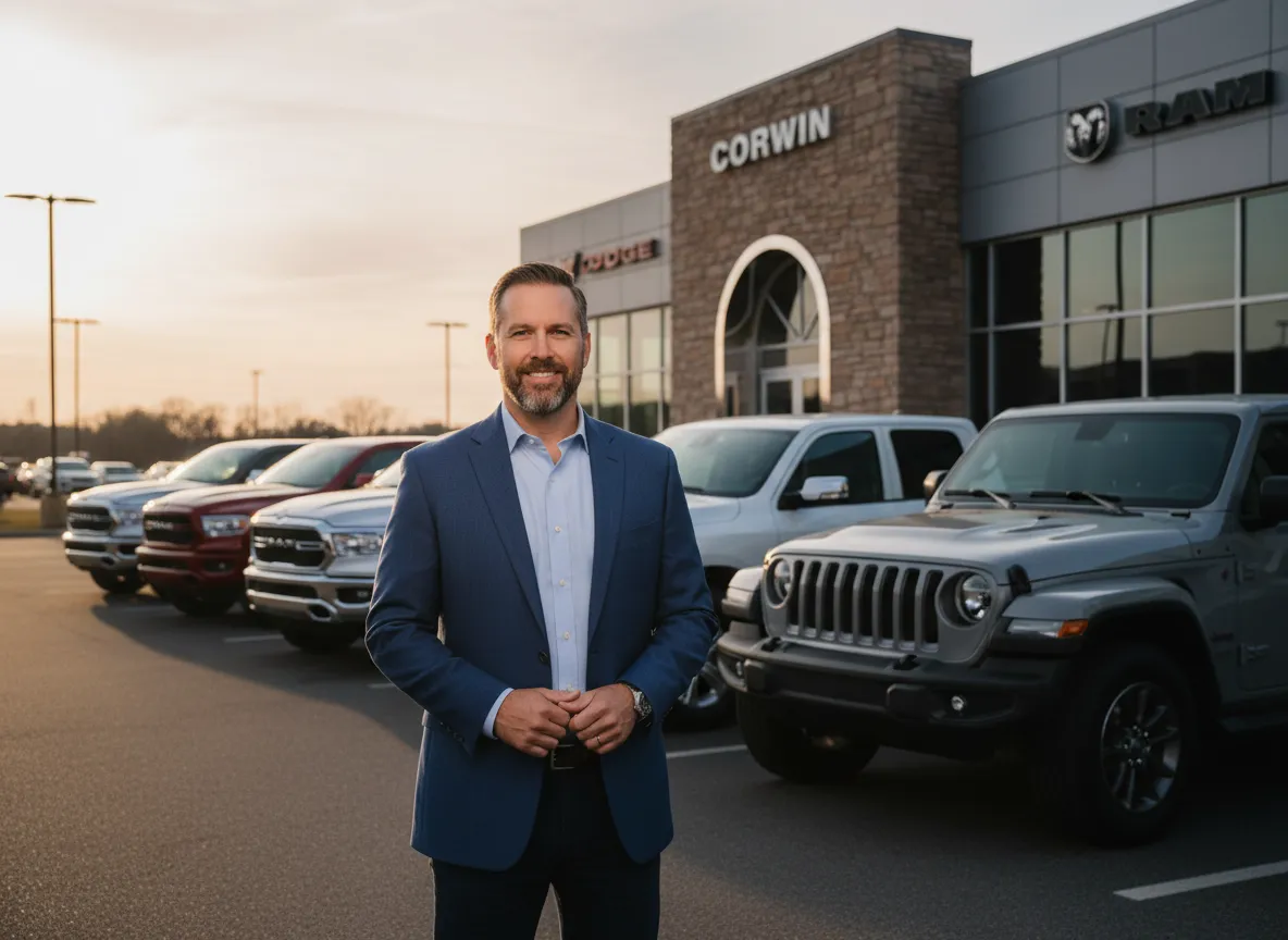Chris standing in front of vehicles at Corwin Dodge Jeep Ram Springfield