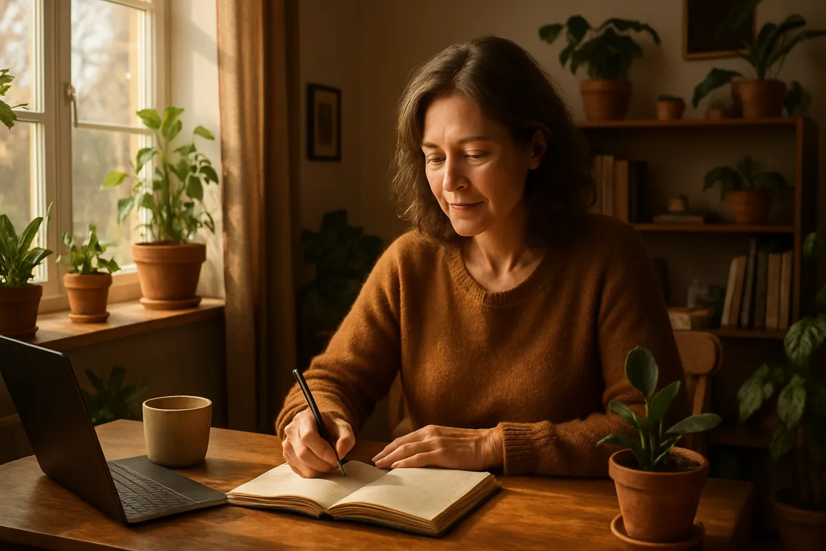 A cozy home office scene with a midlife woman journaling at a wooden desk with morning light and plants.
